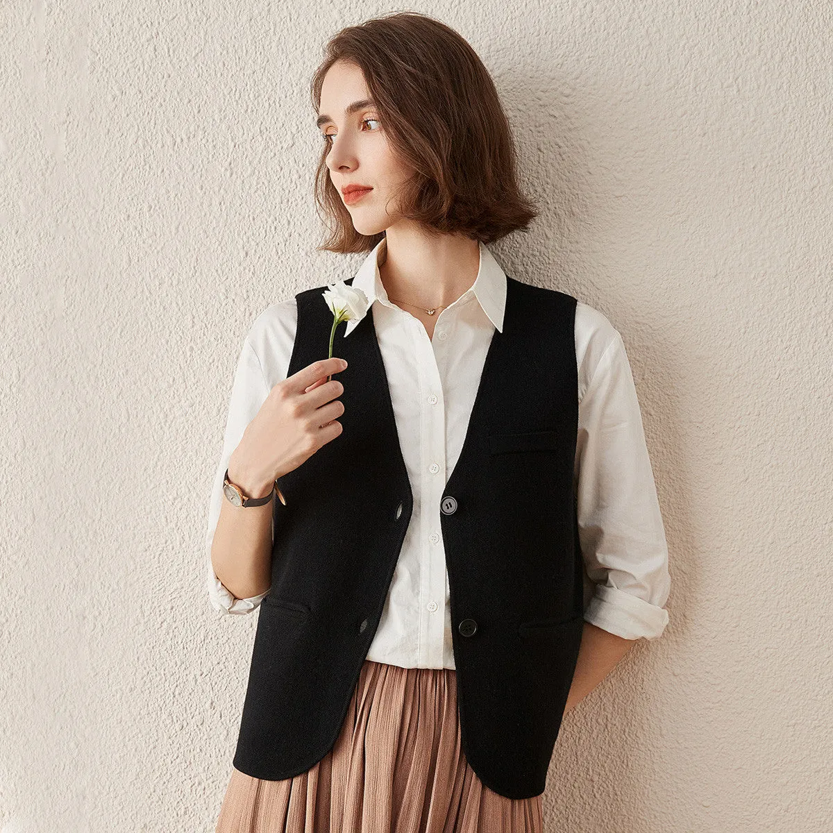 100% Wool Elegant Sleeveless Button-Up Vest sold by COMOBOCA product image thumbnail 2