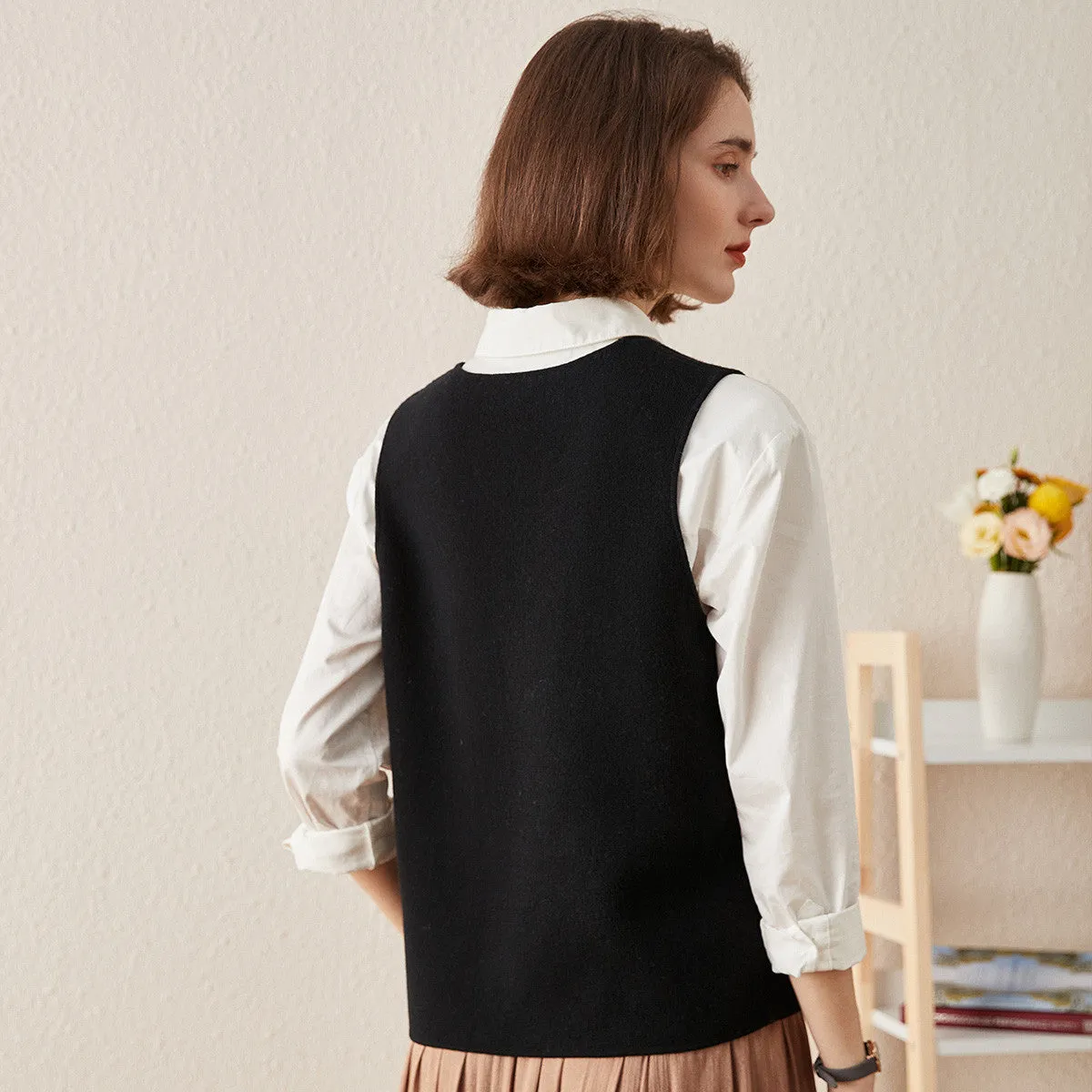 100% Wool Elegant Sleeveless Button-Up Vest sold by COMOBOCA product image thumbnail 3