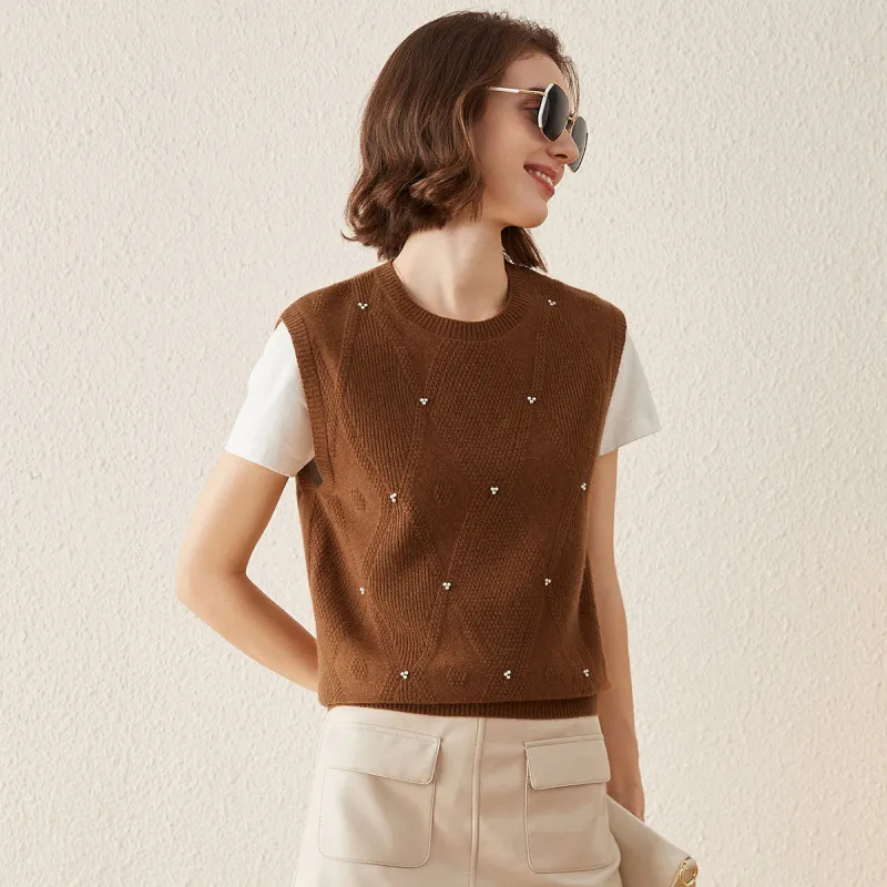 100% Cashmere Women's Pearl-Embellished Knit Vest sold by COMOBOCA