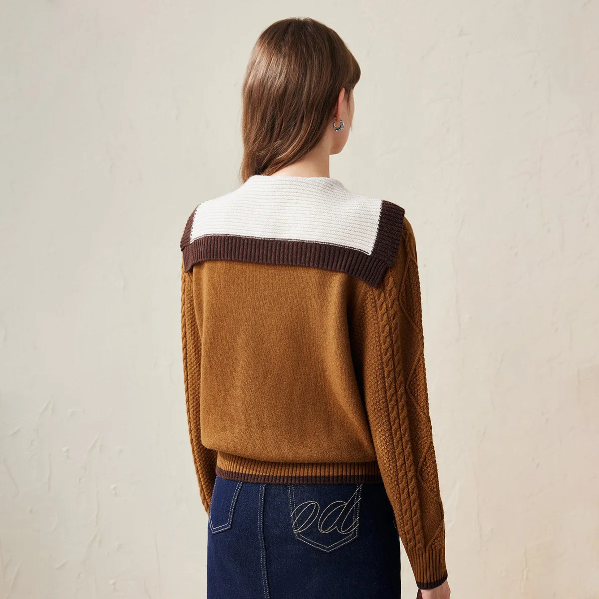 100% Wool Women's Cable Knit Sweater with Bow Collar sold by COMOBOCA product image thumbnail 2