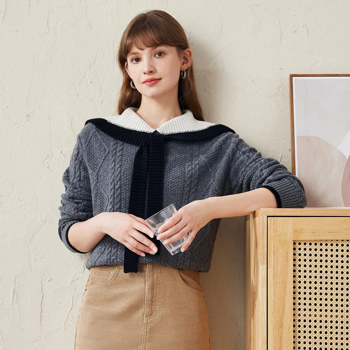 100% Wool Women's Cable Knit Sweater with Bow Collar sold by COMOBOCA product image thumbnail 3