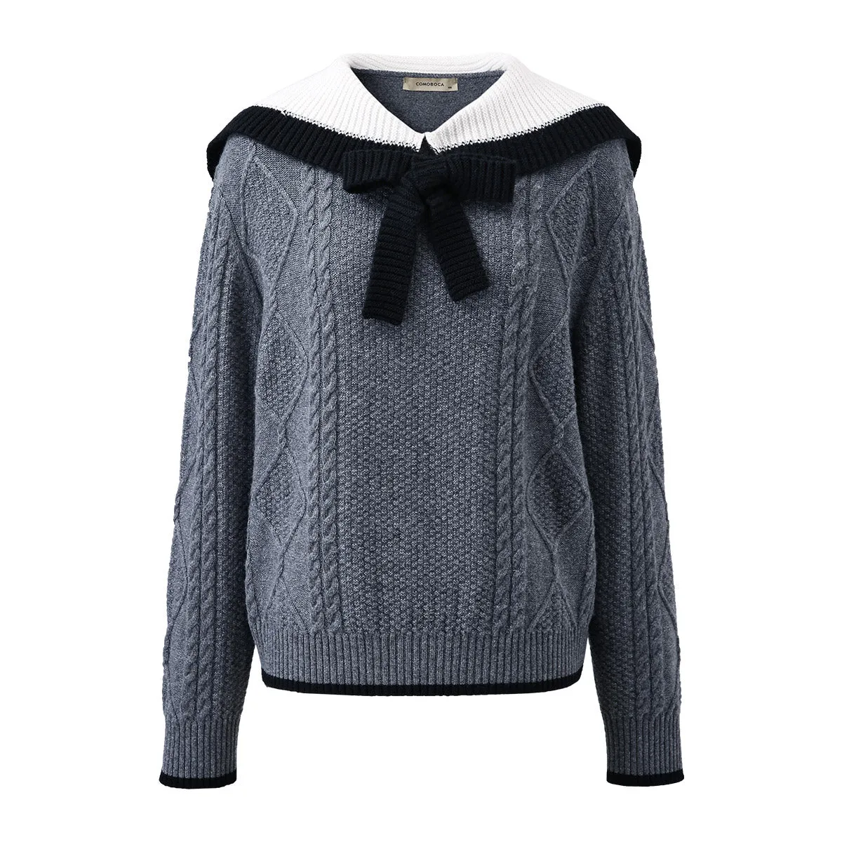 100% Wool Women's Cable Knit Sweater with Bow Collar sold by COMOBOCA product image thumbnail 4