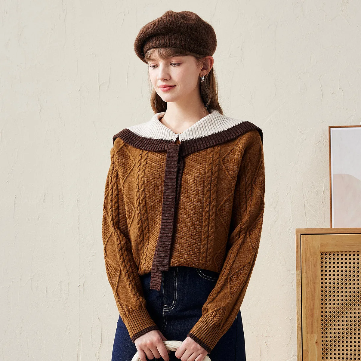 100% Wool Women's Cable Knit Sweater with Bow Collar sold by COMOBOCA