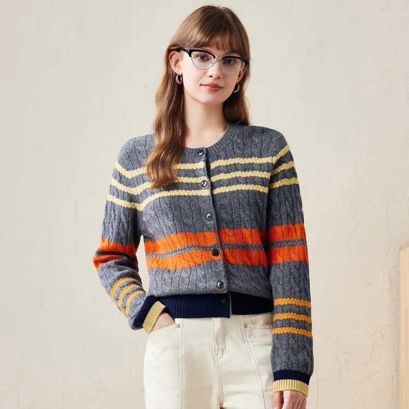 100% Wool Striped Cable Knit Button Up Cardigan sold by COMOBOCA
