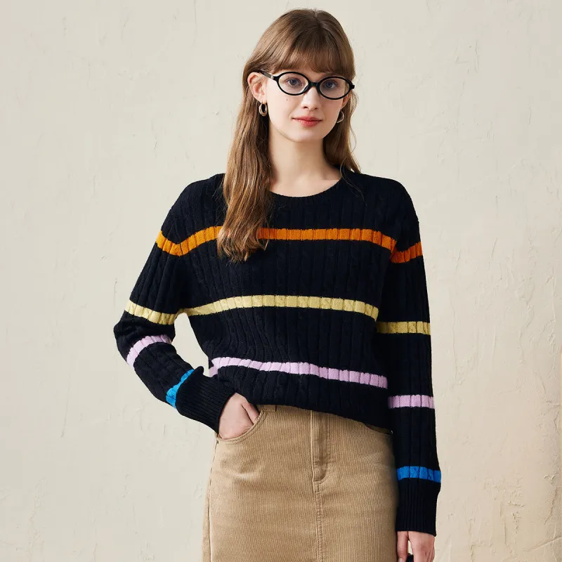 100% Wool Women's Colorful Striped Cable Knit Sweater sold by COMOBOCA