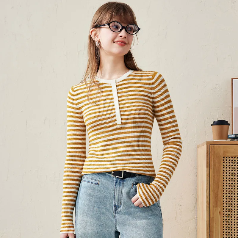 100% Wool Striped Ribbed Henley Neckline Sweater made by COMOBOCA