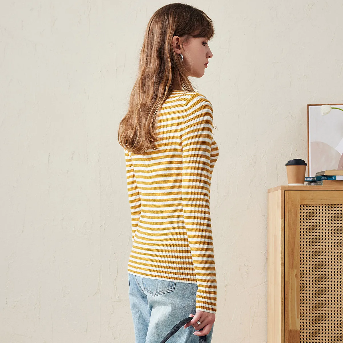 100% Wool Striped Ribbed Henley Neckline Sweater sold by COMOBOCA product image thumbnail 2