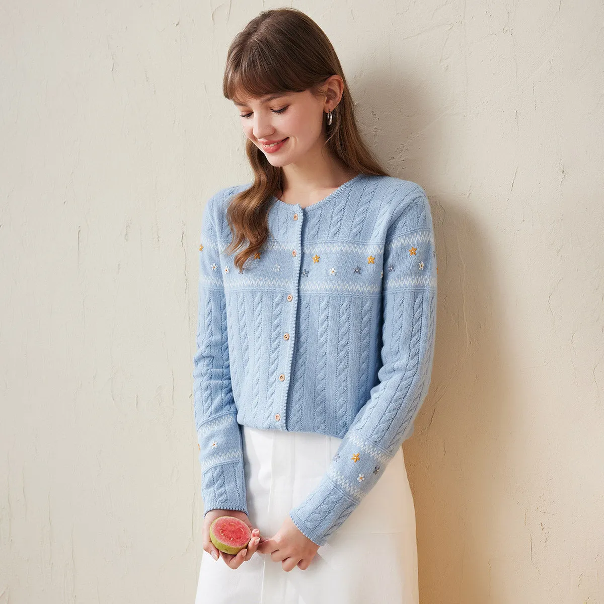 100% Wool Vintage Floral Embroidered Cable Knit Cardigan sold by COMOBOCA