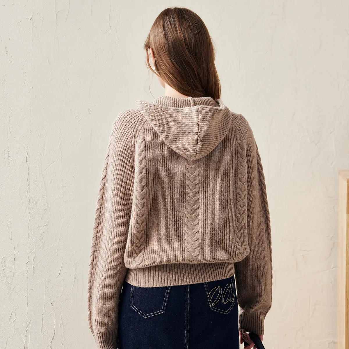 100% Wool Women's Cardigan Cable Knit Hoodie sold by COMOBOCA product image thumbnail 3