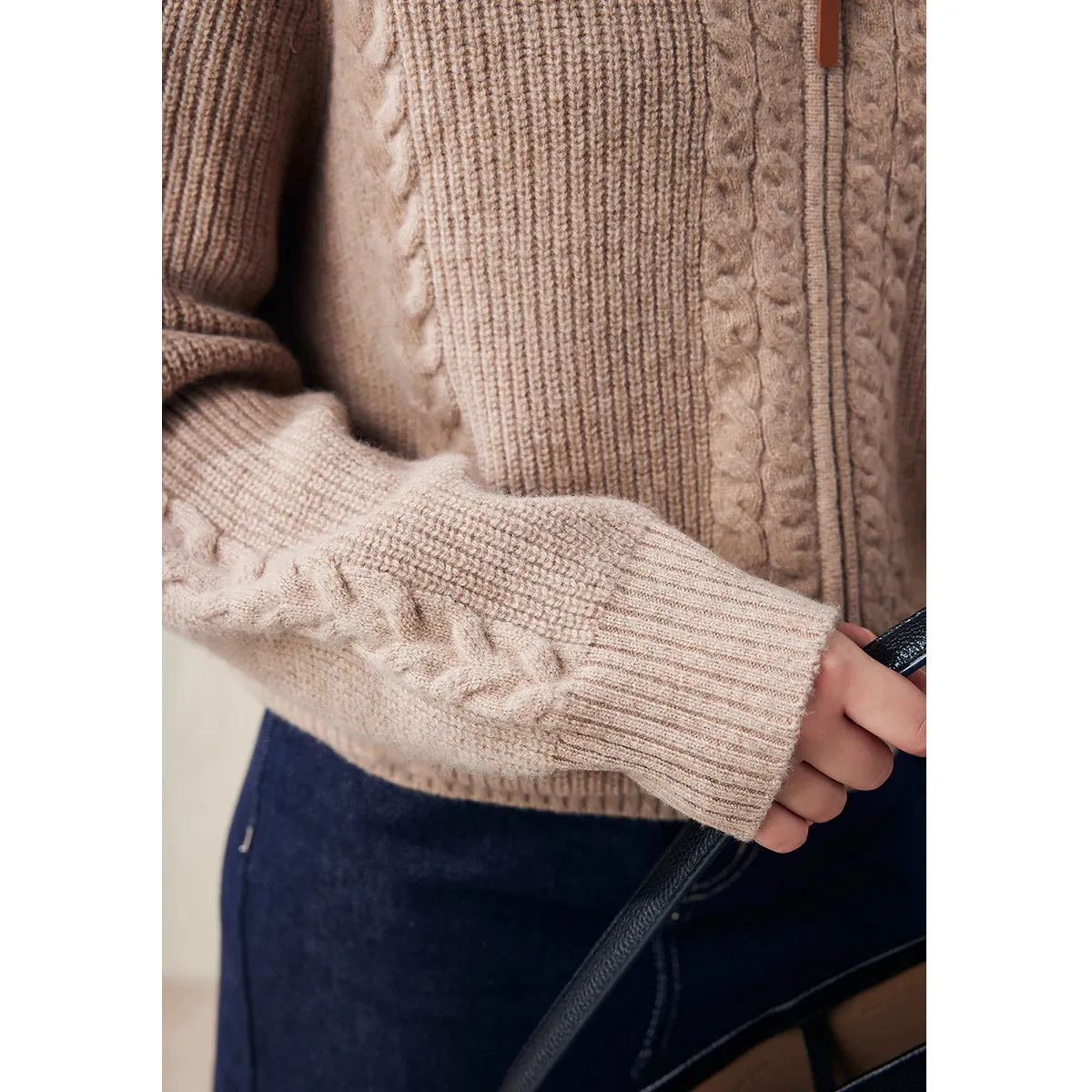 100% Wool Women's Cardigan Cable Knit Hoodie sold by COMOBOCA product image thumbnail 4