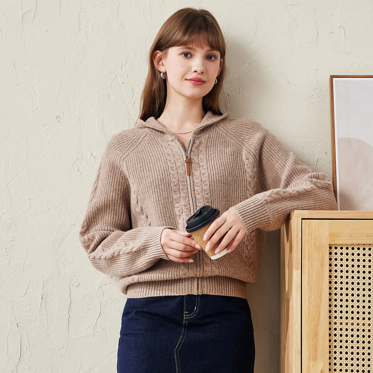 100% Wool Women's Cardigan Cable Knit Hoodie sold by COMOBOCA product image thumbnail 2