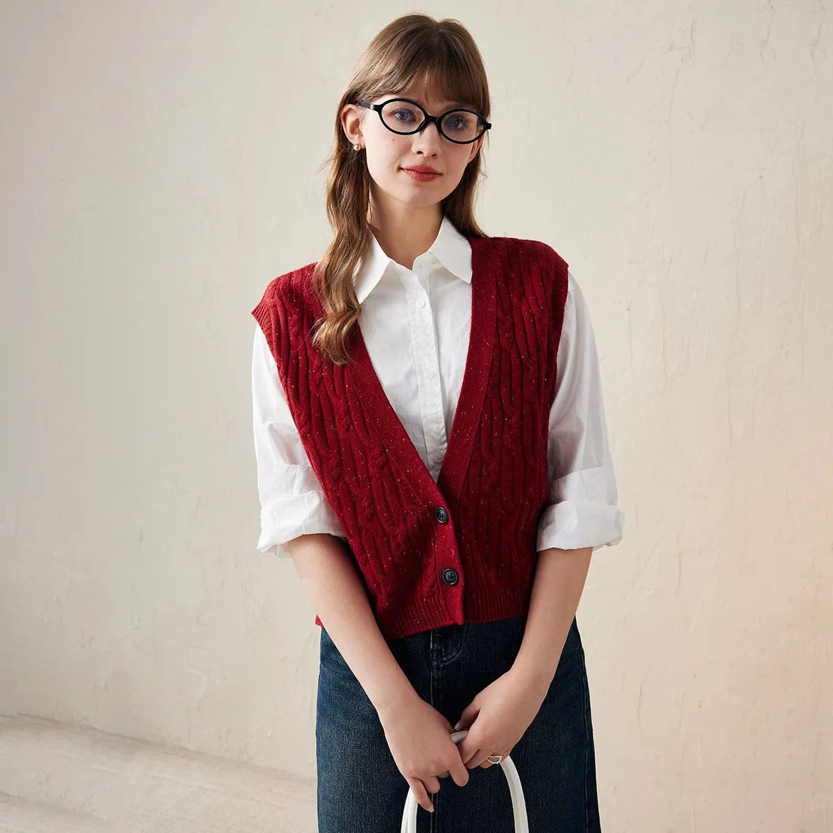 100% Wool Women's Cable Knit Button-Front Vest sold by COMOBOCA product image thumbnail 2