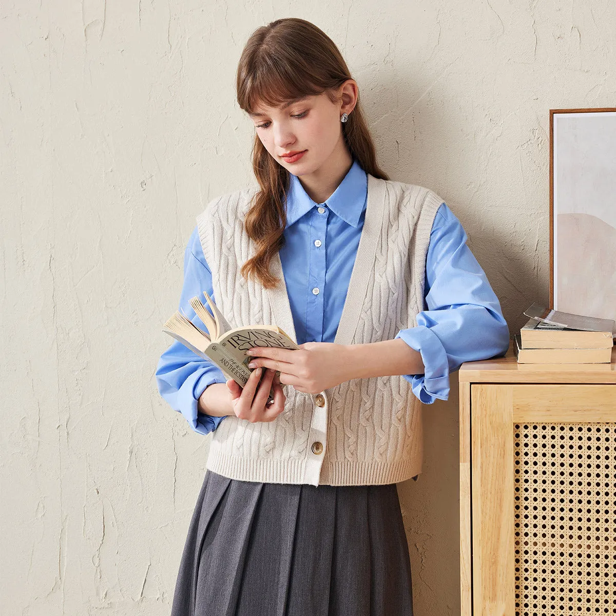 100% Wool Women's Cable Knit Button-Front Vest sold by COMOBOCA product image thumbnail 3