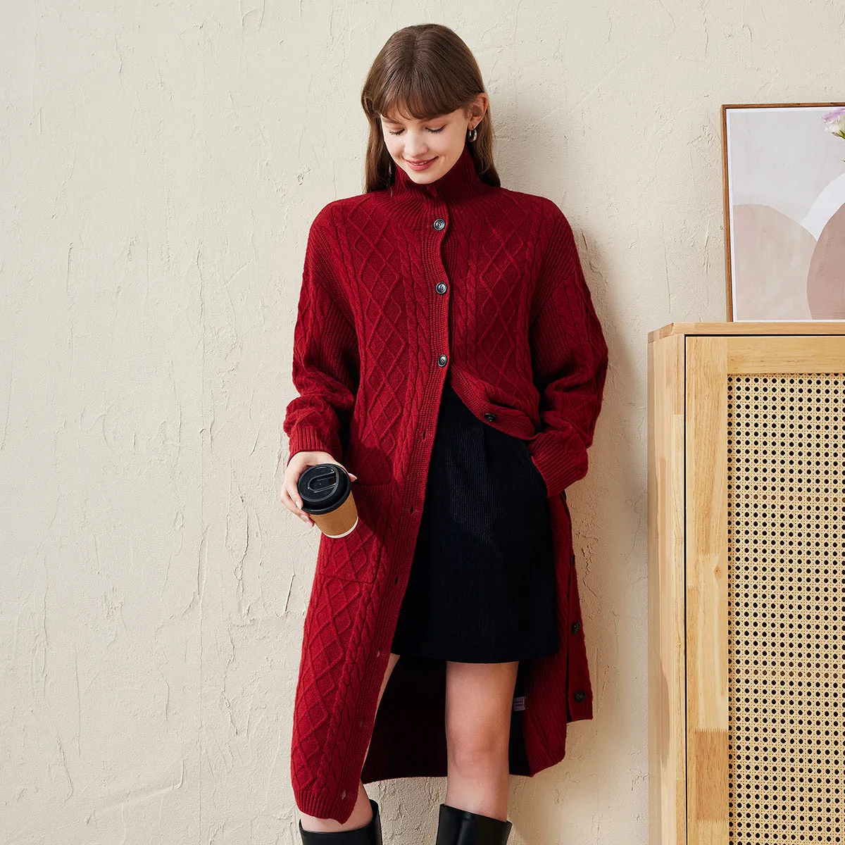 100% Wool Women's Cable Knit Long Front Button Coat sold by COMOBOCA product image thumbnail 4