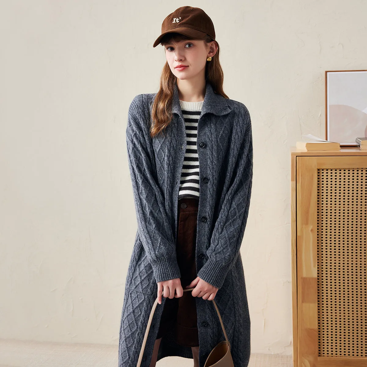 100% Wool Women's Cable Knit Long Front Button Coat sold by COMOBOCA product image thumbnail 2