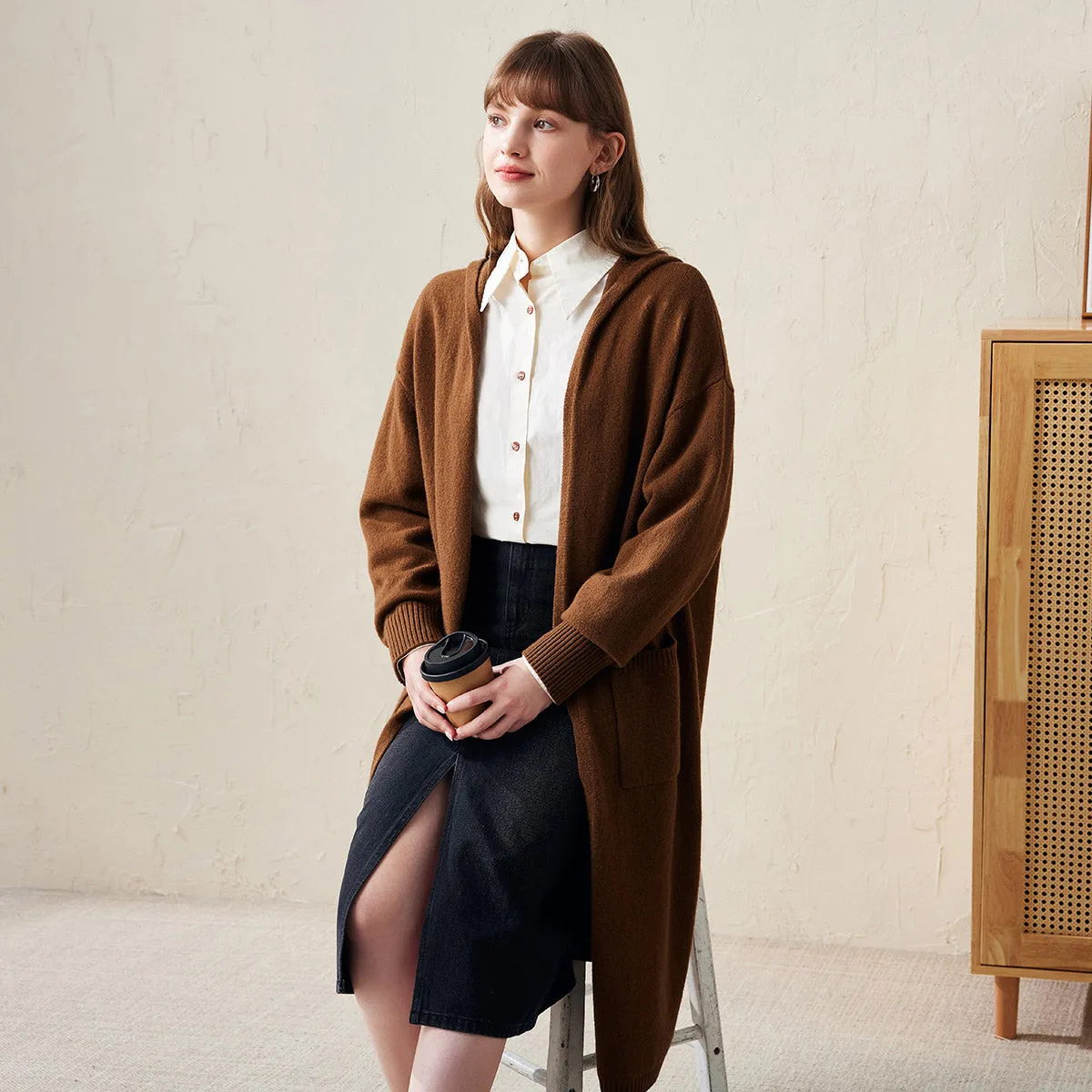 100% Wool Cozy Long Hooded Coat with Pockets sold by COMOBOCA product image thumbnail 3