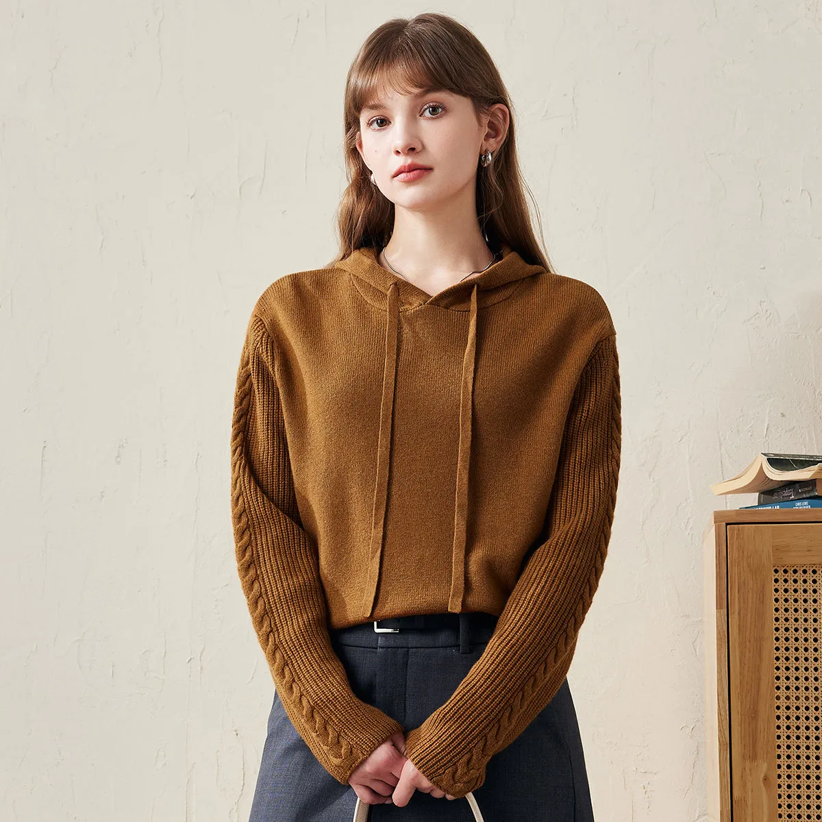 100% Wool Sweater Women's Knit Hoodie with Cable Sleeve Details sold by COMOBOCA