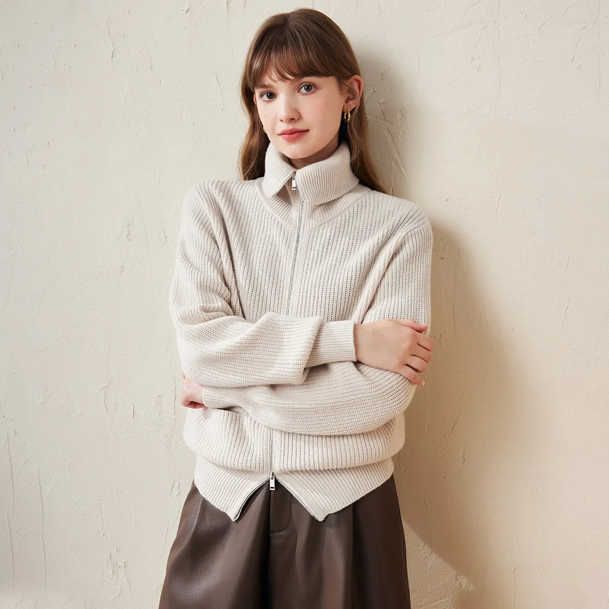 100% Wool Cozy Women's Turtleneck Zip-Up Cardigan sold by COMOBOCA product image thumbnail 3