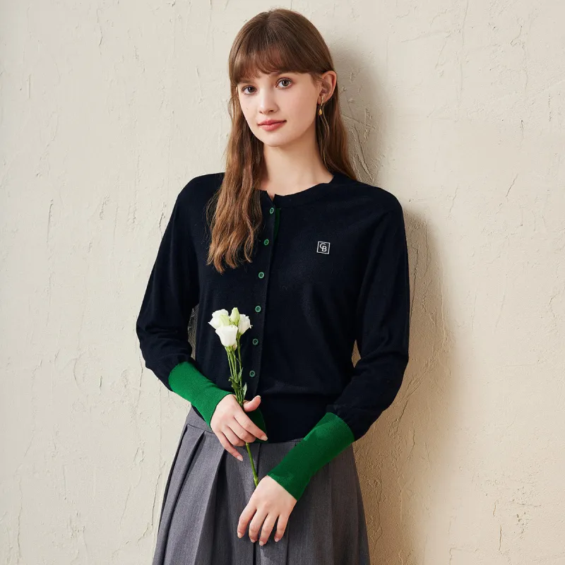100% Wool Women's Cardigan with Contrast Cuffs and Buttons sold by COMOBOCA