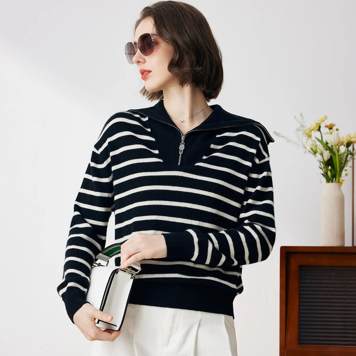 100% Cashmere Women's Striped Zip Collar Knit Sweater sold by COMOBOCA
