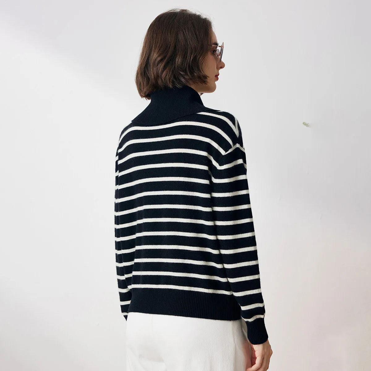 100% Cashmere Women's Striped Zip Collar Knit Sweater sold by COMOBOCA product image thumbnail 2