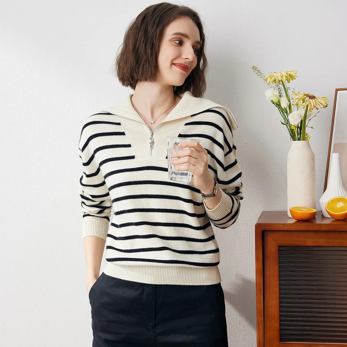 100% Cashmere Women's Striped Zip Collar Knit Sweater sold by COMOBOCA product image thumbnail 5