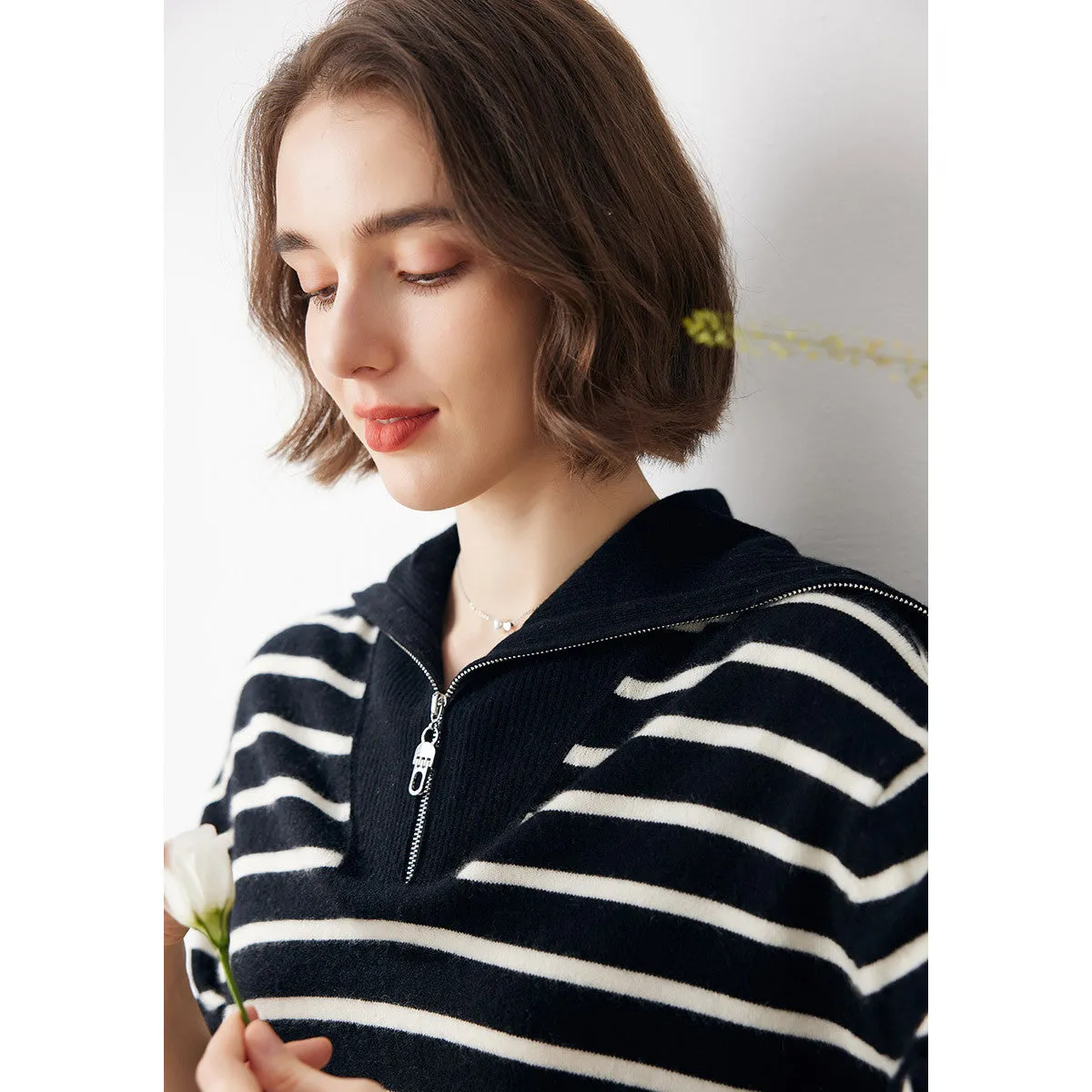100% Cashmere Women's Striped Zip Collar Knit Sweater sold by COMOBOCA product image thumbnail 3