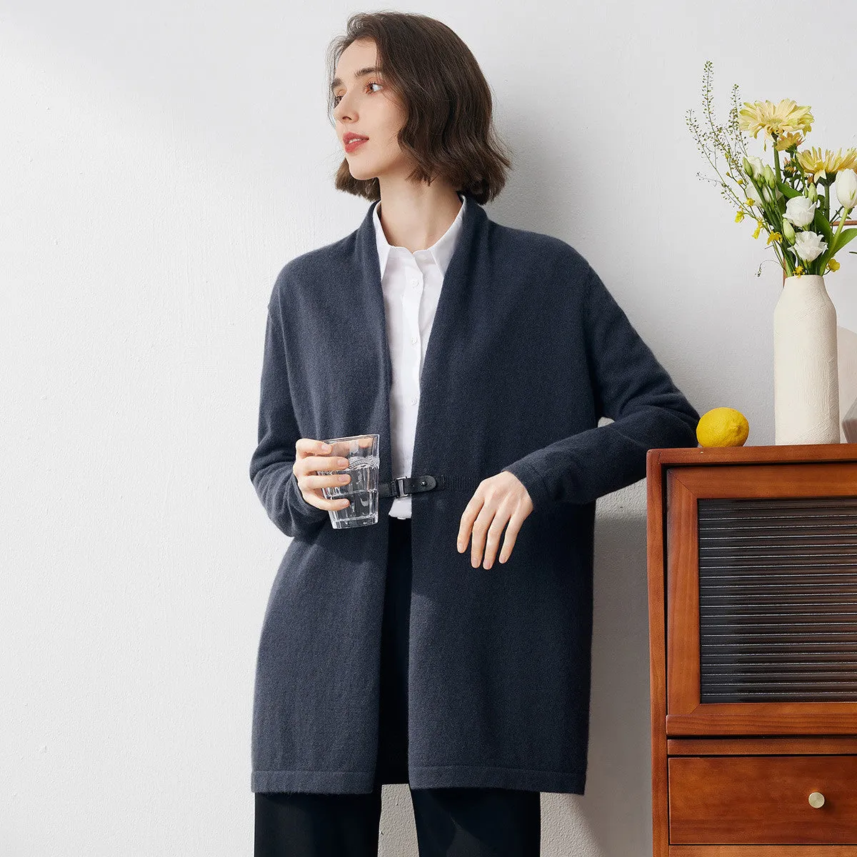 100% Cashmere Women's Leather Buckle Knit Coat sold by COMOBOCA product image thumbnail 2