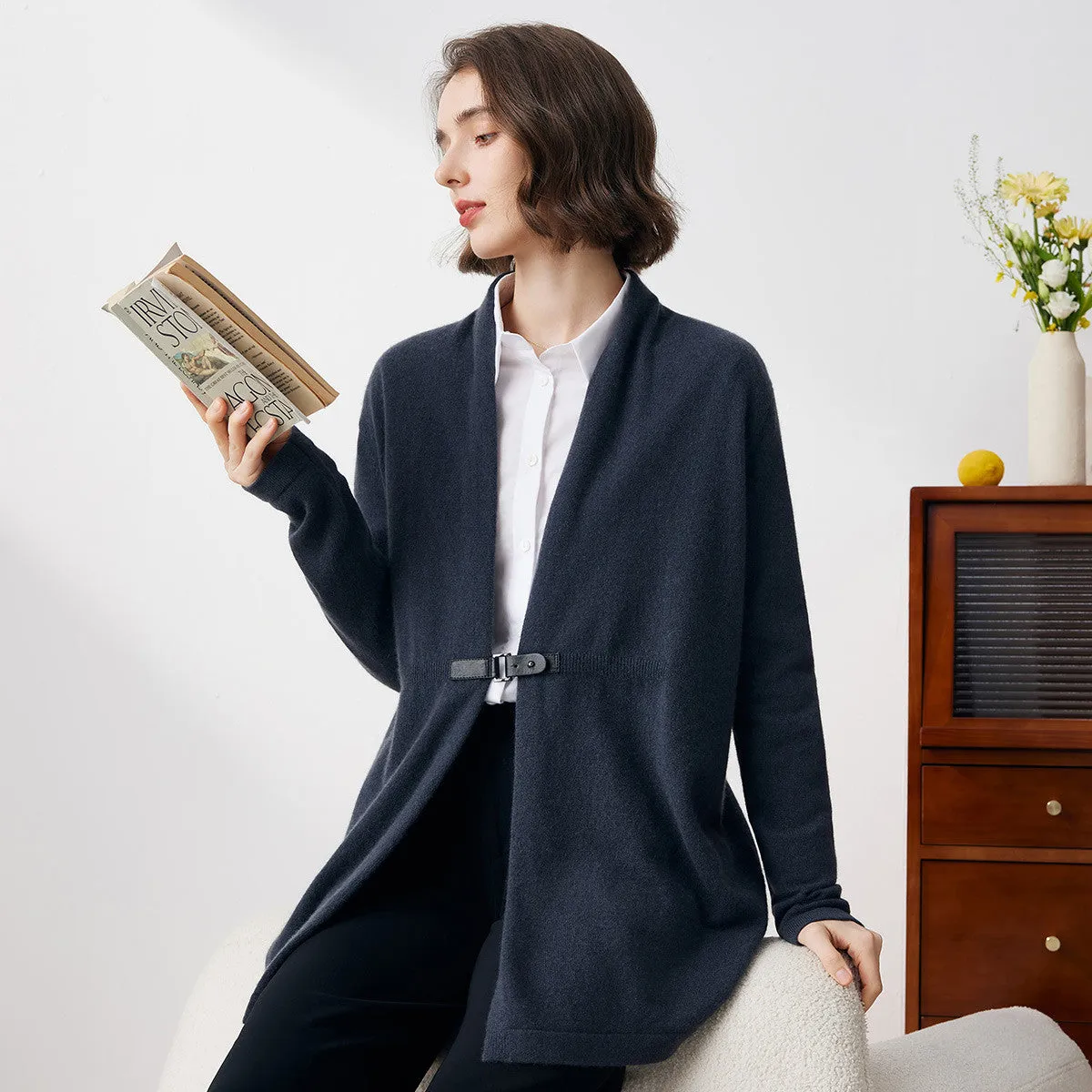 100% Cashmere Women's Leather Buckle Knit Coat sold by COMOBOCA product image thumbnail 4