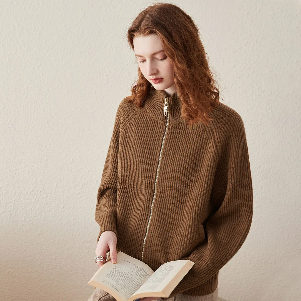 100% Wool Women's Half-High Neck Zip Cardigan sold by COMOBOCA product image thumbnail 3