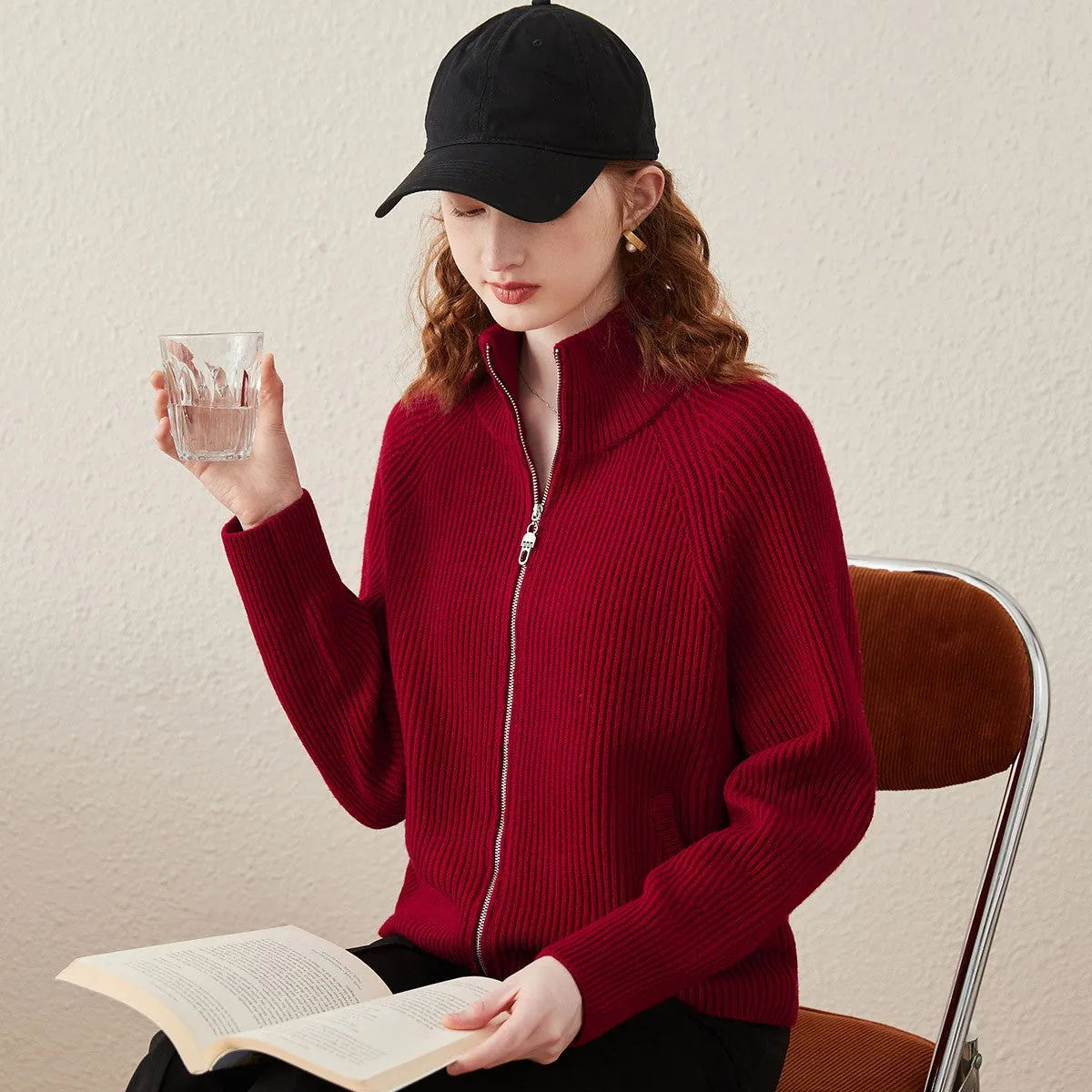 100% Wool Women's Half-High Neck Zip Cardigan sold by COMOBOCA product image thumbnail 4