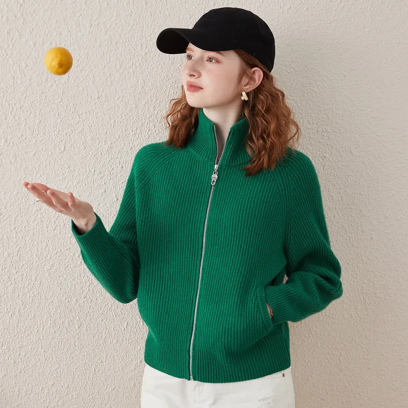 100% Wool Women's Half-High Neck Zip Cardigan sold by COMOBOCA