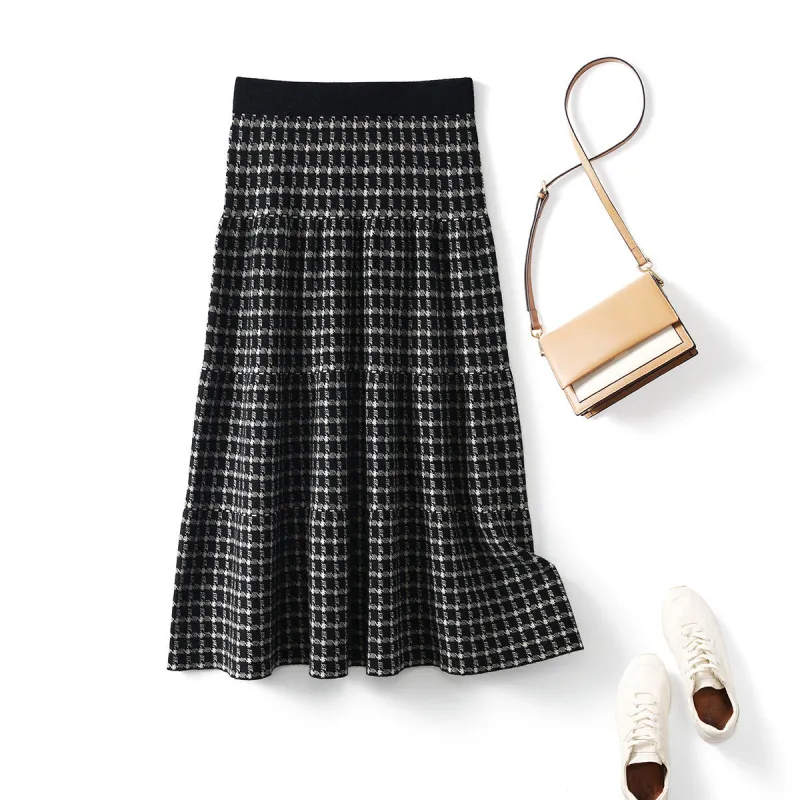 Women's Plaid Wool Knit A Line Skirt sold by COMOBOCA