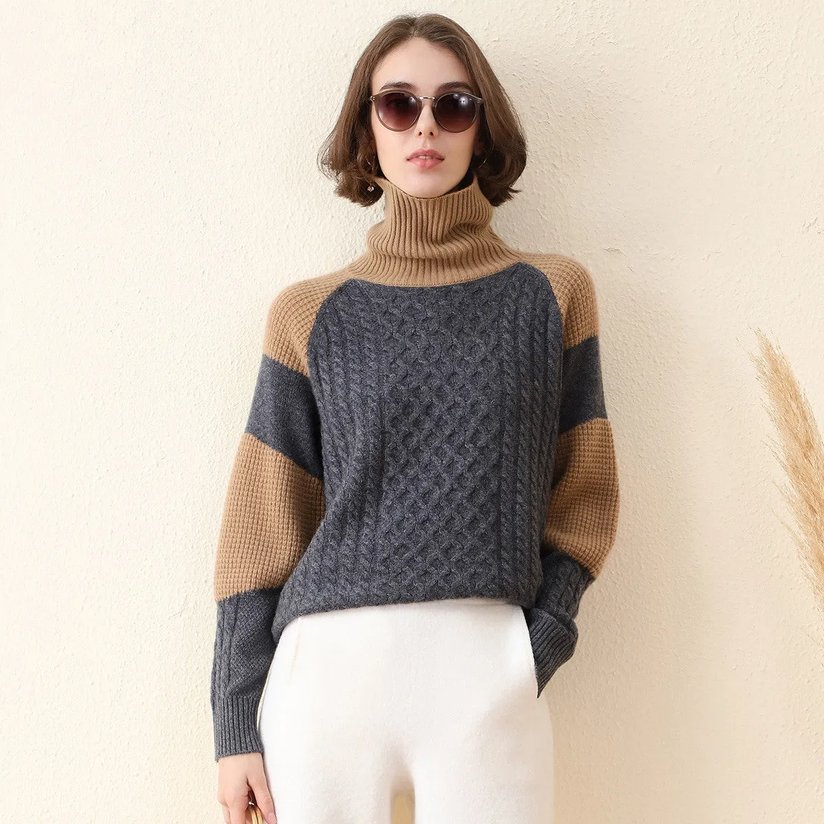 100% Cashmere Women's Cable Knit Color Block Sweater sold by COMOBOCA