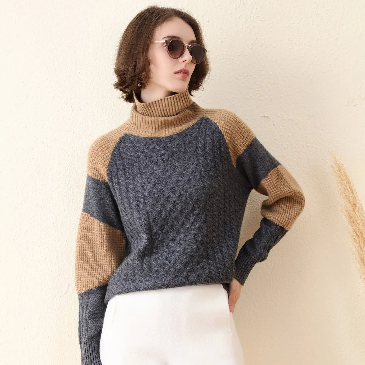 100% Cashmere Women's Cable Knit Color Block Sweater sold by COMOBOCA product image thumbnail 2