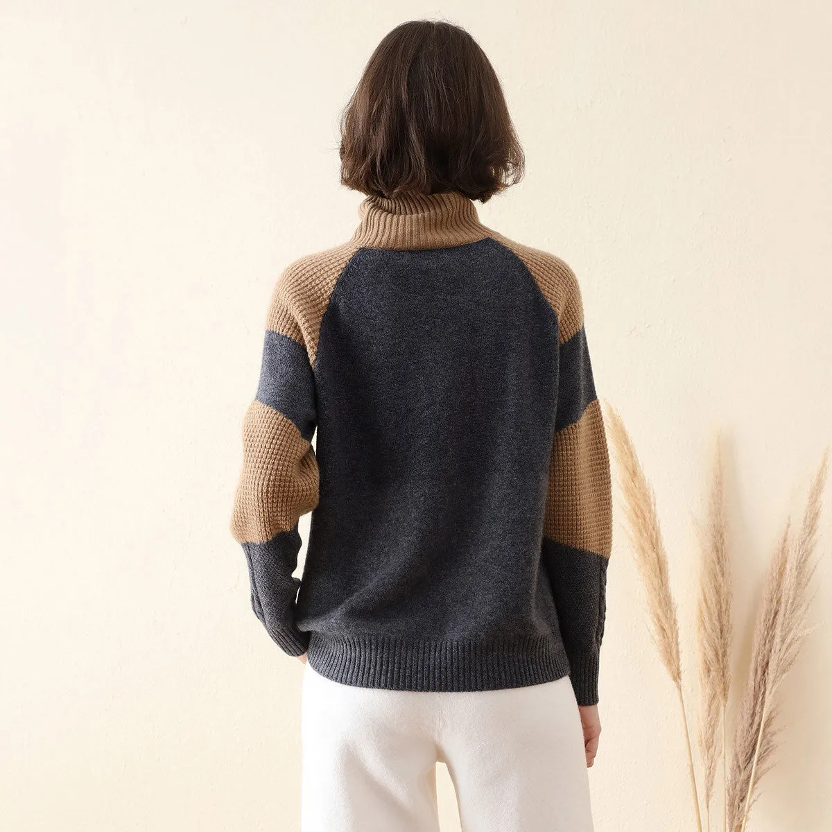 100% Cashmere Women's Cable Knit Color Block Sweater sold by COMOBOCA product image thumbnail 3