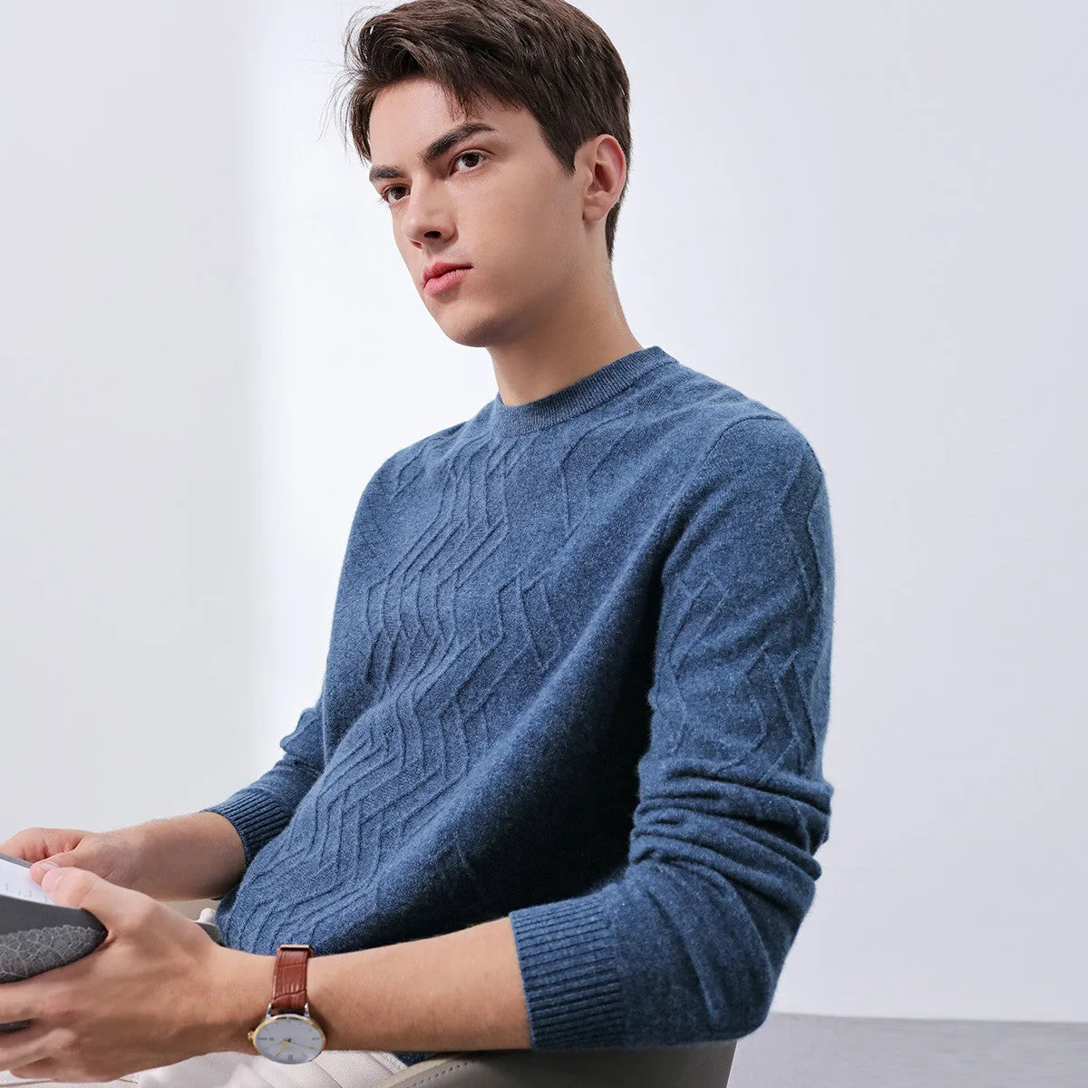 100% Cashmere Mens Round Neck Ribbed Sweater sold by COMOBOCA product image thumbnail 4