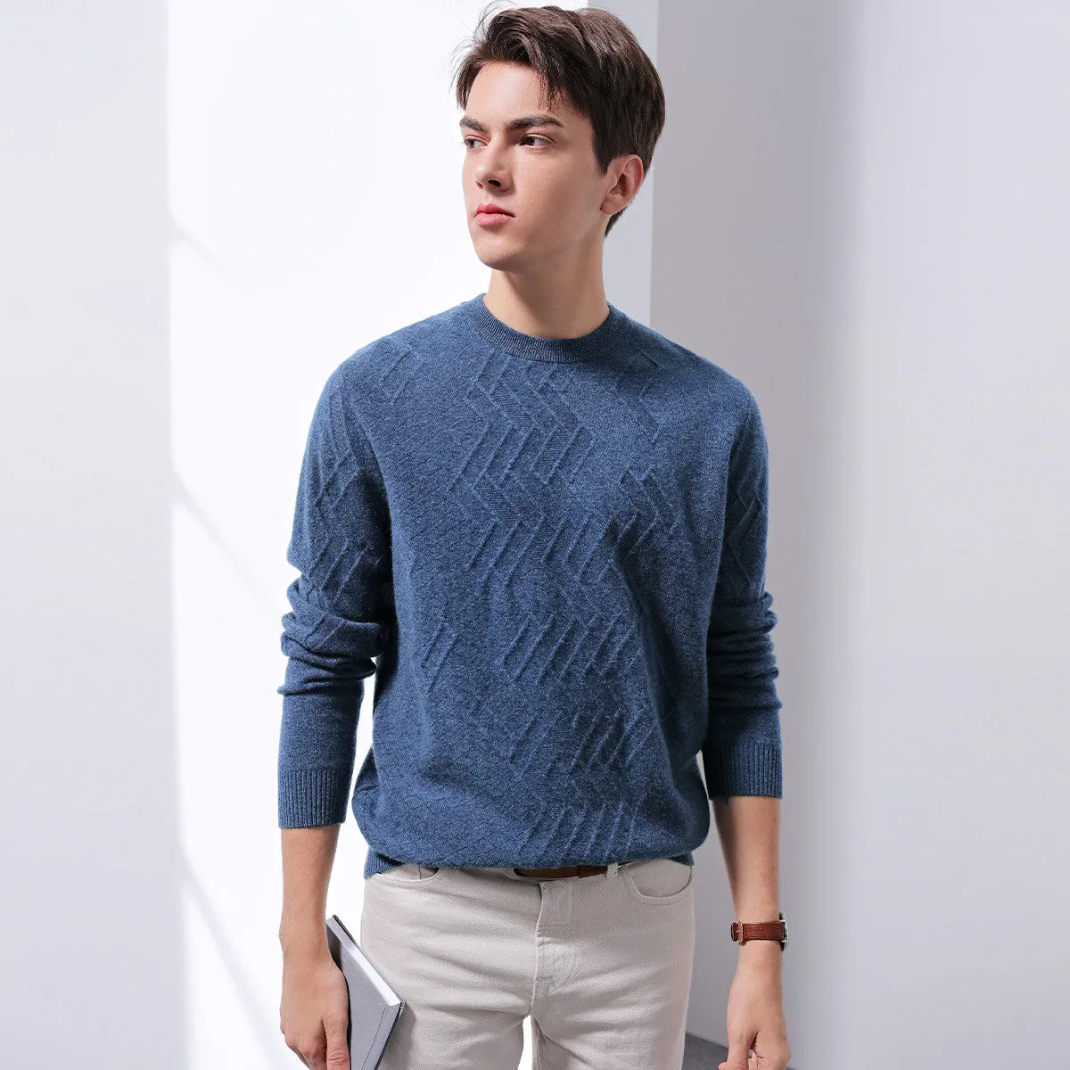 100% Cashmere Mens Round Neck Ribbed Sweater sold by COMOBOCA product image thumbnail 2