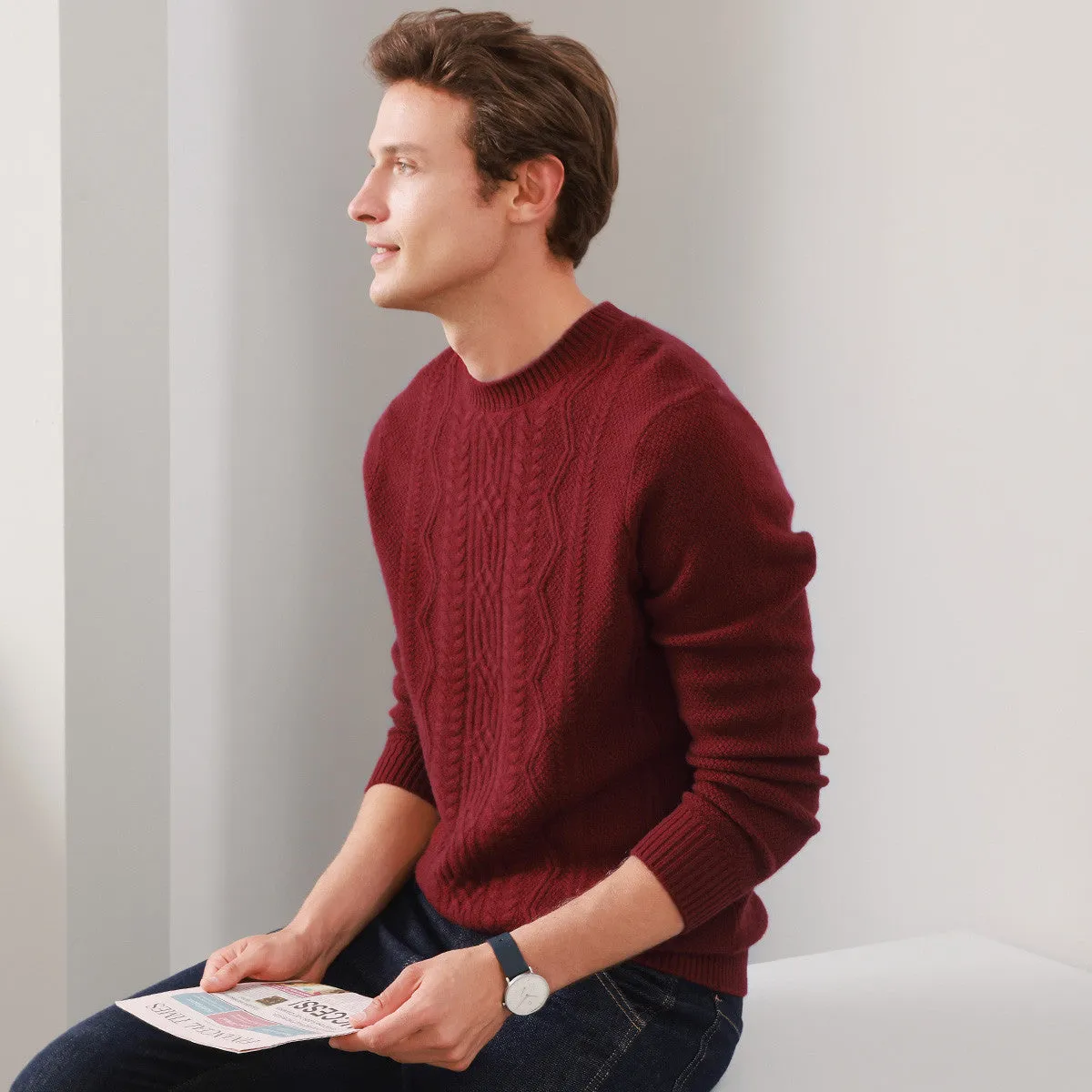 100% Cashmere Mens Round Neck Knit Sweater sold by COMOBOCA product image thumbnail 4