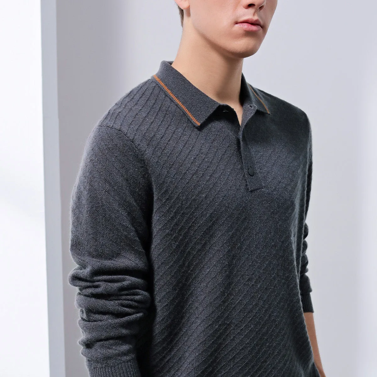 100% Cashmere Mens Ribbed Polo Sweater sold by COMOBOCA product image thumbnail 4