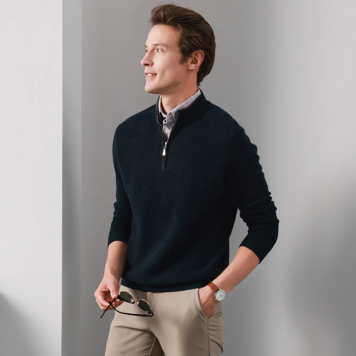 100% Cashmere Mens Mockneck Zipper Collar Sweater sold by COMOBOCA product image thumbnail 2