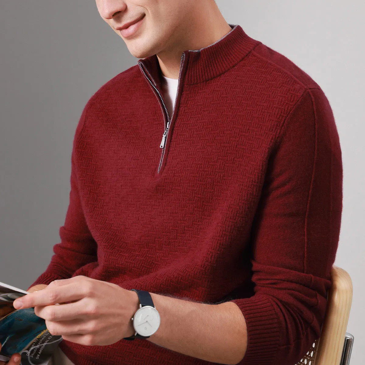 100% Cashmere Mens Mockneck Zipper Collar Sweater sold by COMOBOCA product image thumbnail 3