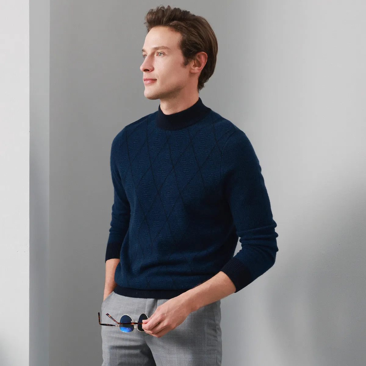 100% Cashmere Men's Mock Neck Jacquard Sweater sold by COMOBOCA