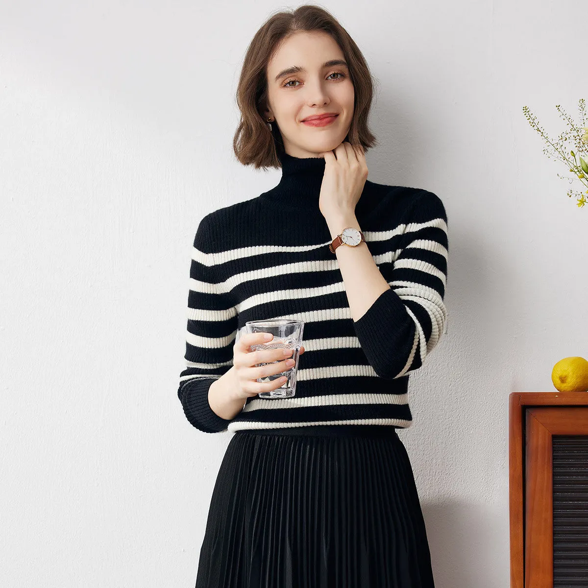 100% Cashmere Women's Striped Turtleneck Knit Sweater sold by COMOBOCA