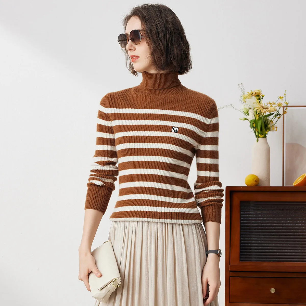 100% Cashmere Women's Striped Turtleneck Knit Sweater sold by COMOBOCA product image thumbnail 2