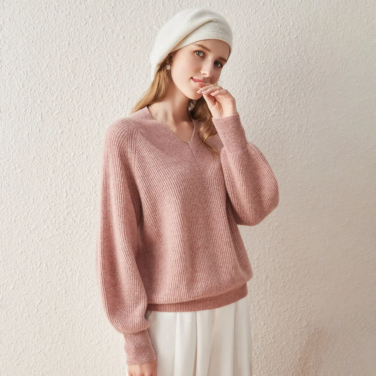 100% Cashmere Women's Lantern Sleeve V-Neck Knit Sweater sold by COMOBOCA product image thumbnail 3