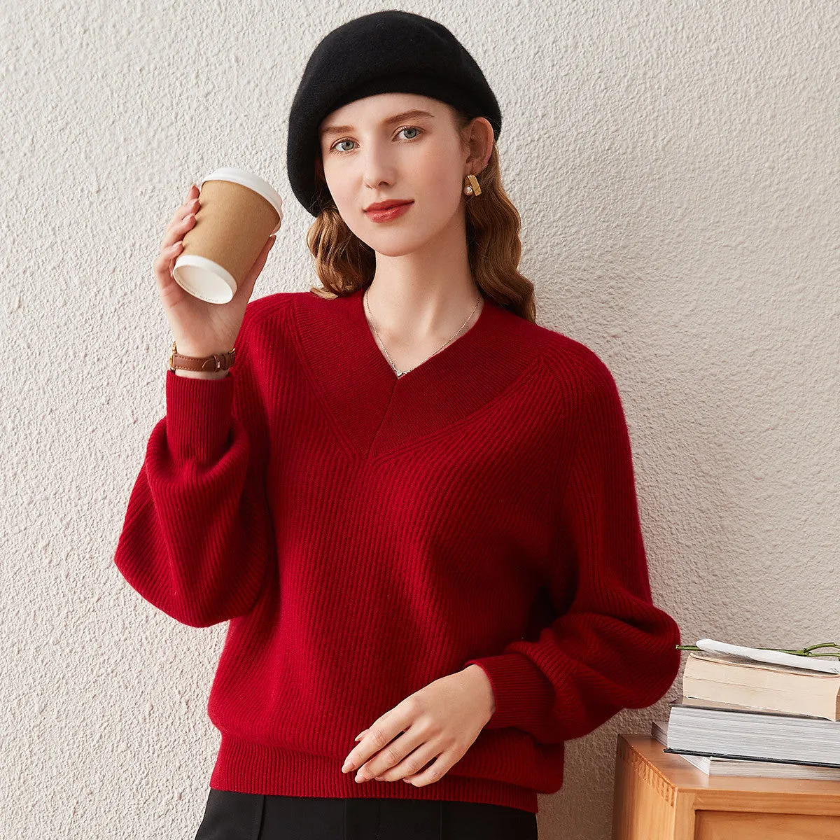 100% Cashmere Women's Lantern Sleeve V-Neck Knit Sweater sold by COMOBOCA product image thumbnail 4