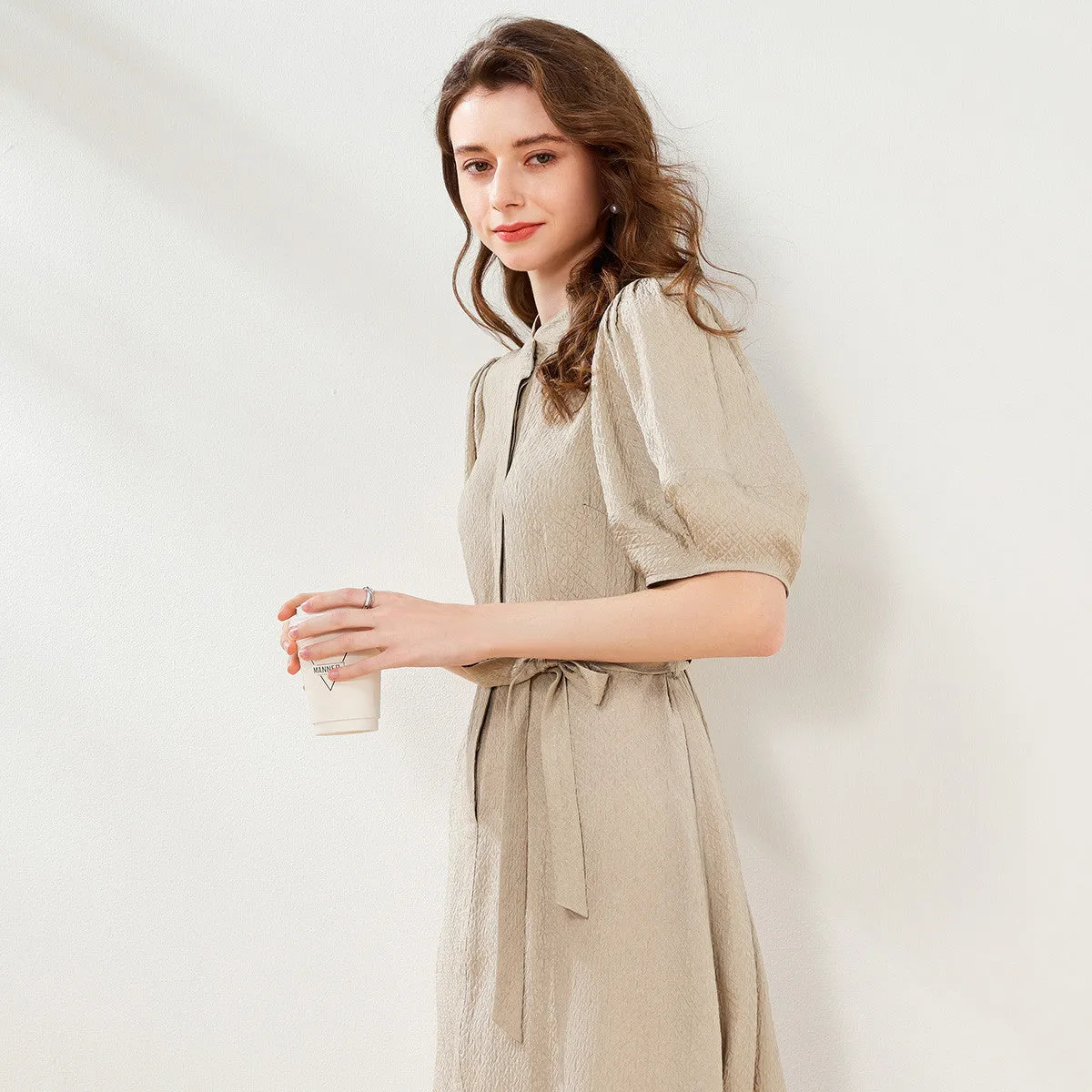 100% Mulberry Silk Waist Cinched Shirt Dress sold by COMOBOCA product image thumbnail 2
