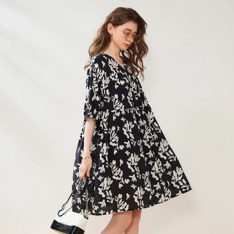 100% Mulberry Silk Loose Fit Printed Dress sold by COMOBOCA