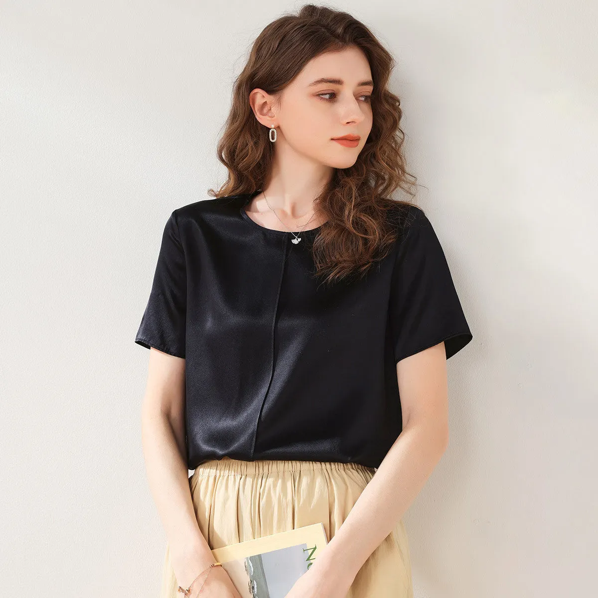 90% Mulberry Silk Solid Color Round Neck T-Shirt sold by COMOBOCA product image thumbnail 5